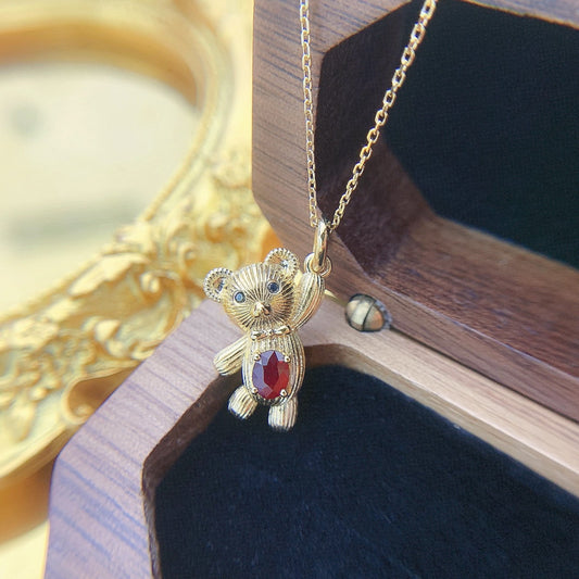 18K Rose Gold Elliptical Teddy Bear Pendant Necklace with Ruby - Red Treasure Necklace