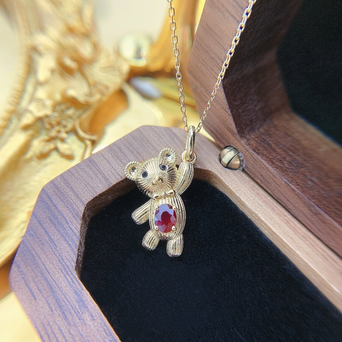 18K Rose Gold Elliptical Teddy Bear Pendant Necklace with Ruby - Red Treasure Necklace