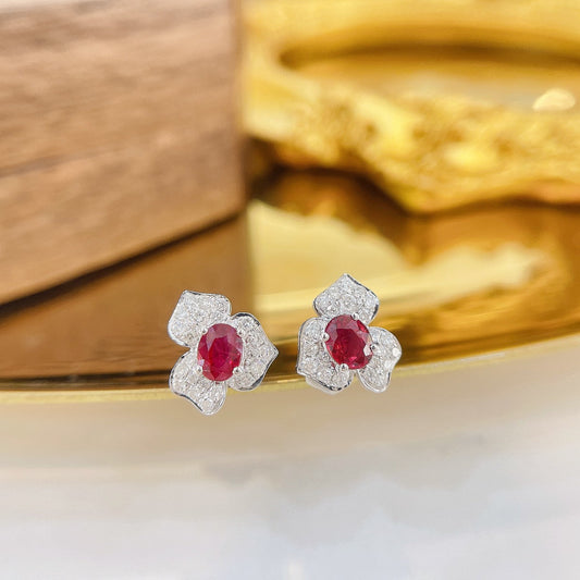 18K Rose Gold Elliptical Three-Petal Flower Earrings with Rubies Jeweler.Jewelry