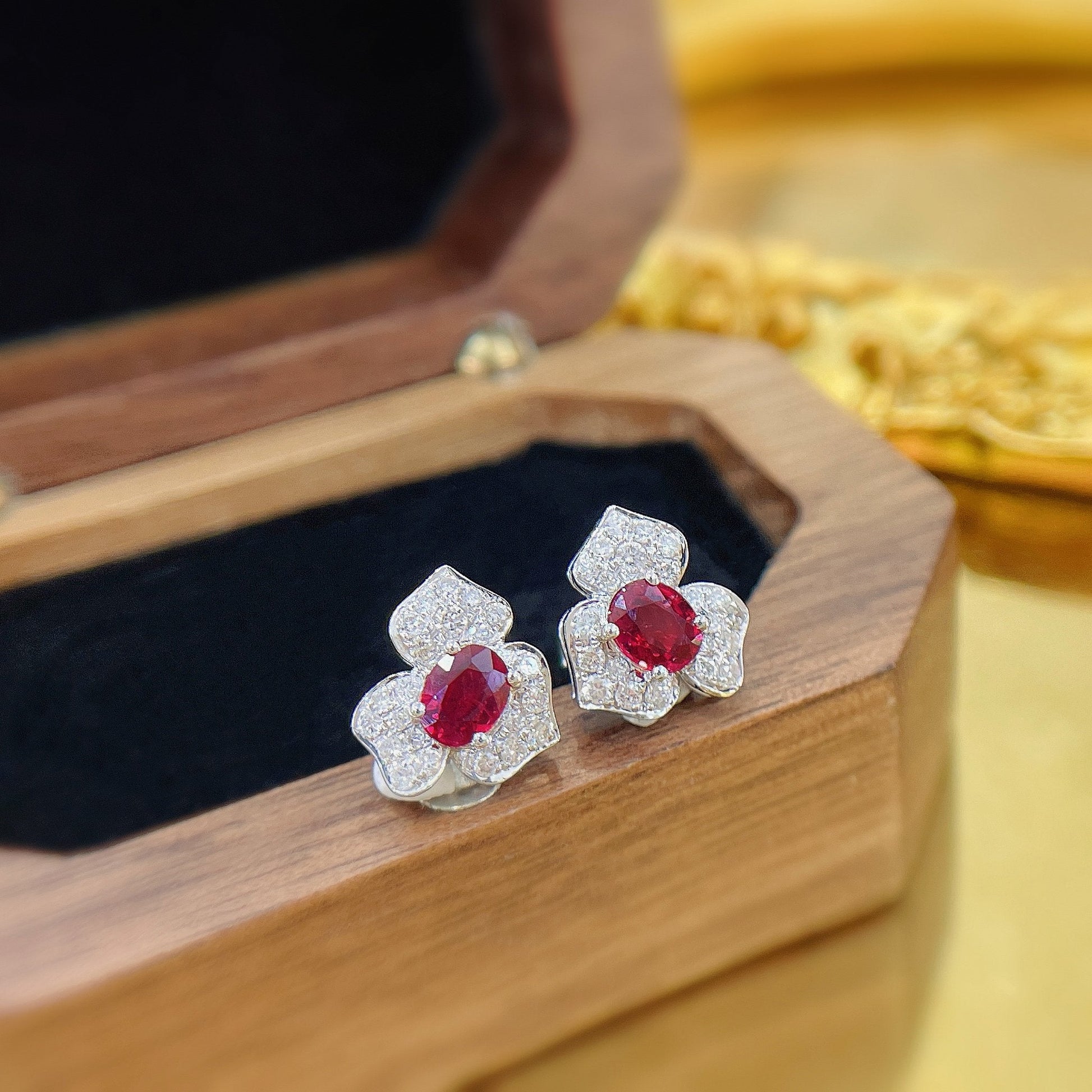 18K Rose Gold Elliptical Three-Petal Flower Earrings with Rubies Jeweler.Jewelry