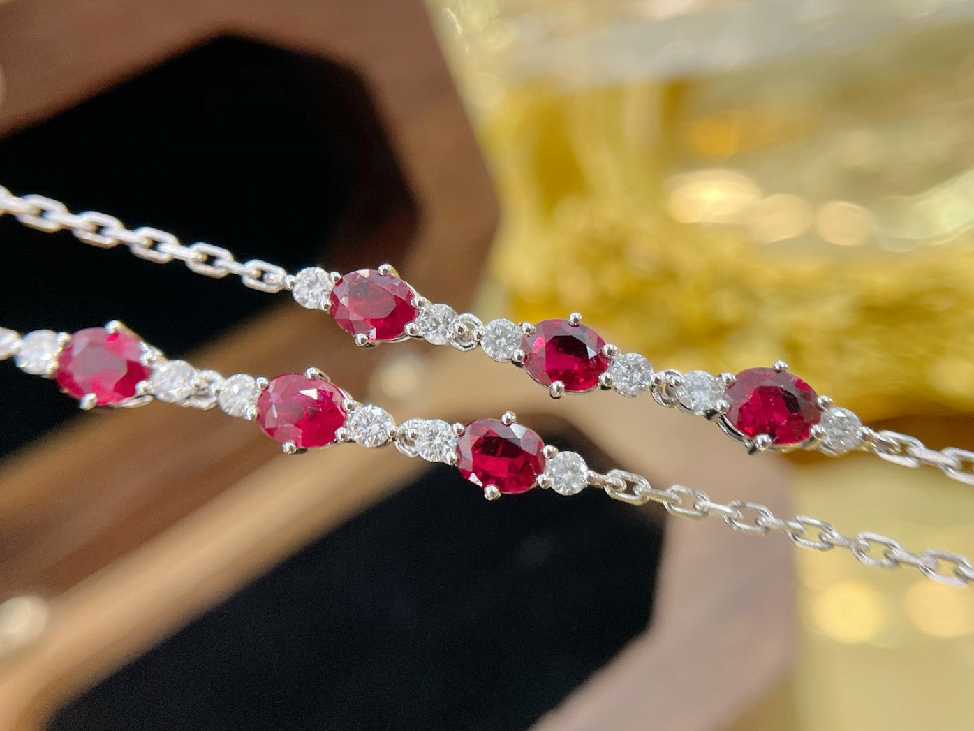 18K Rose Gold Elliptical Three-Stone Ruby Bracelet - Luxury Jewelry - Red Treasure Bracelet