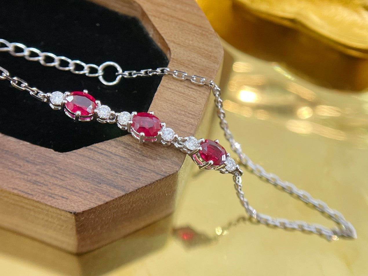 18K Rose Gold Elliptical Three-Stone Ruby Bracelet - Luxury Jewelry - Red Treasure Bracelet