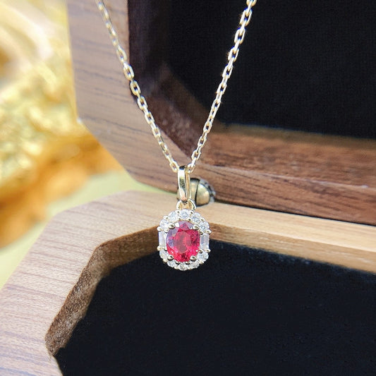 18K Rose Gold Elliptical Trapezoid Shaped Jewelry with Ruby and Diamond - Elegant Necklace - Red Treasure Necklace