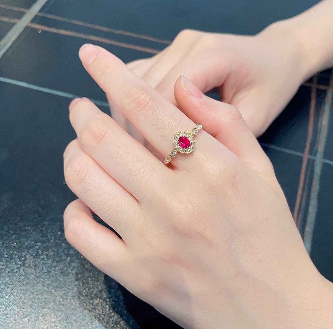 18K Rose Gold Elliptical Vintage Style Ring with Red Gemstone | Jewelry Delight - Red Treasure Ring