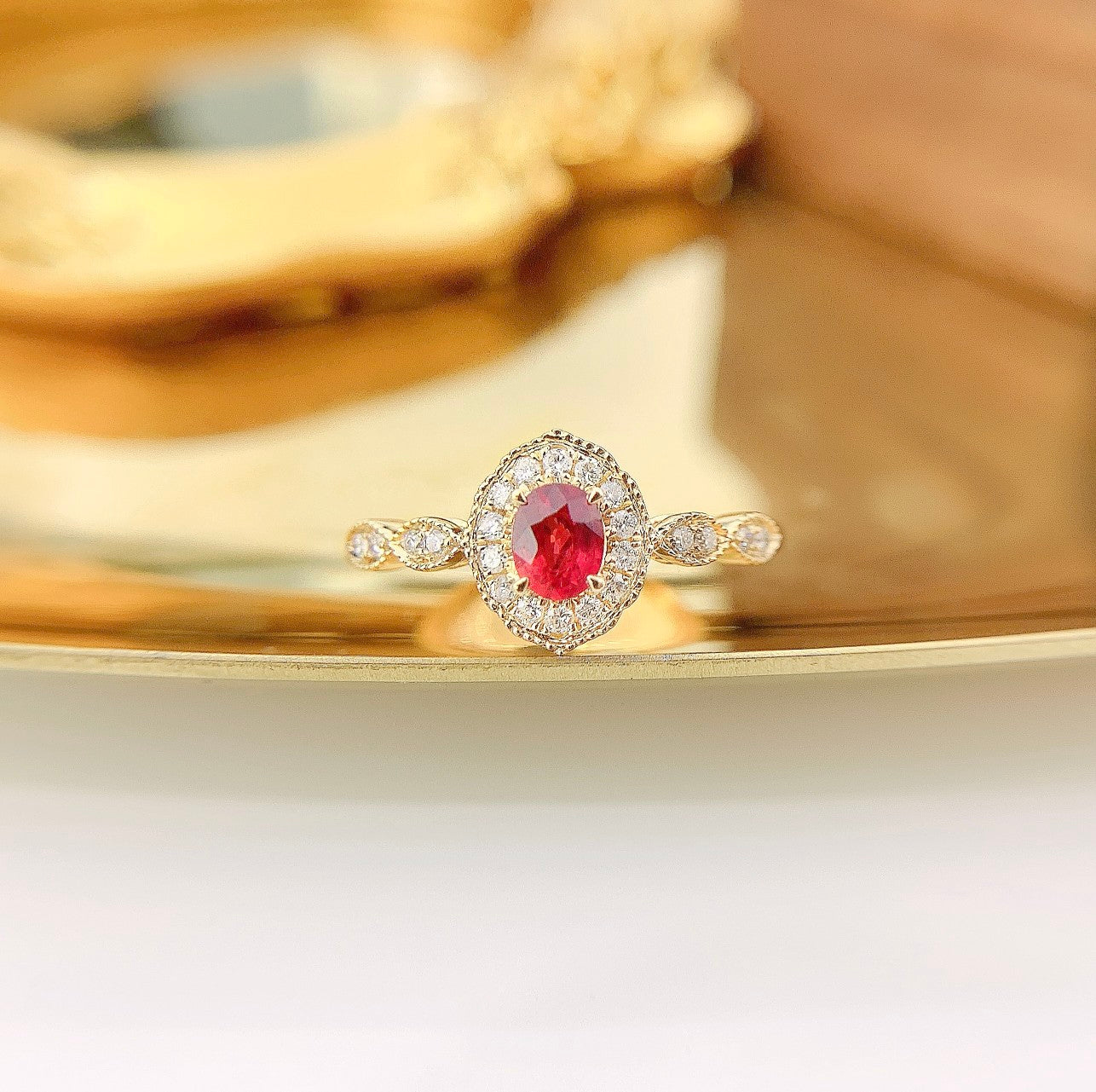 18K Rose Gold Elliptical Vintage Style Ring with Red Gemstone | Jewelry Delight - Red Treasure Ring