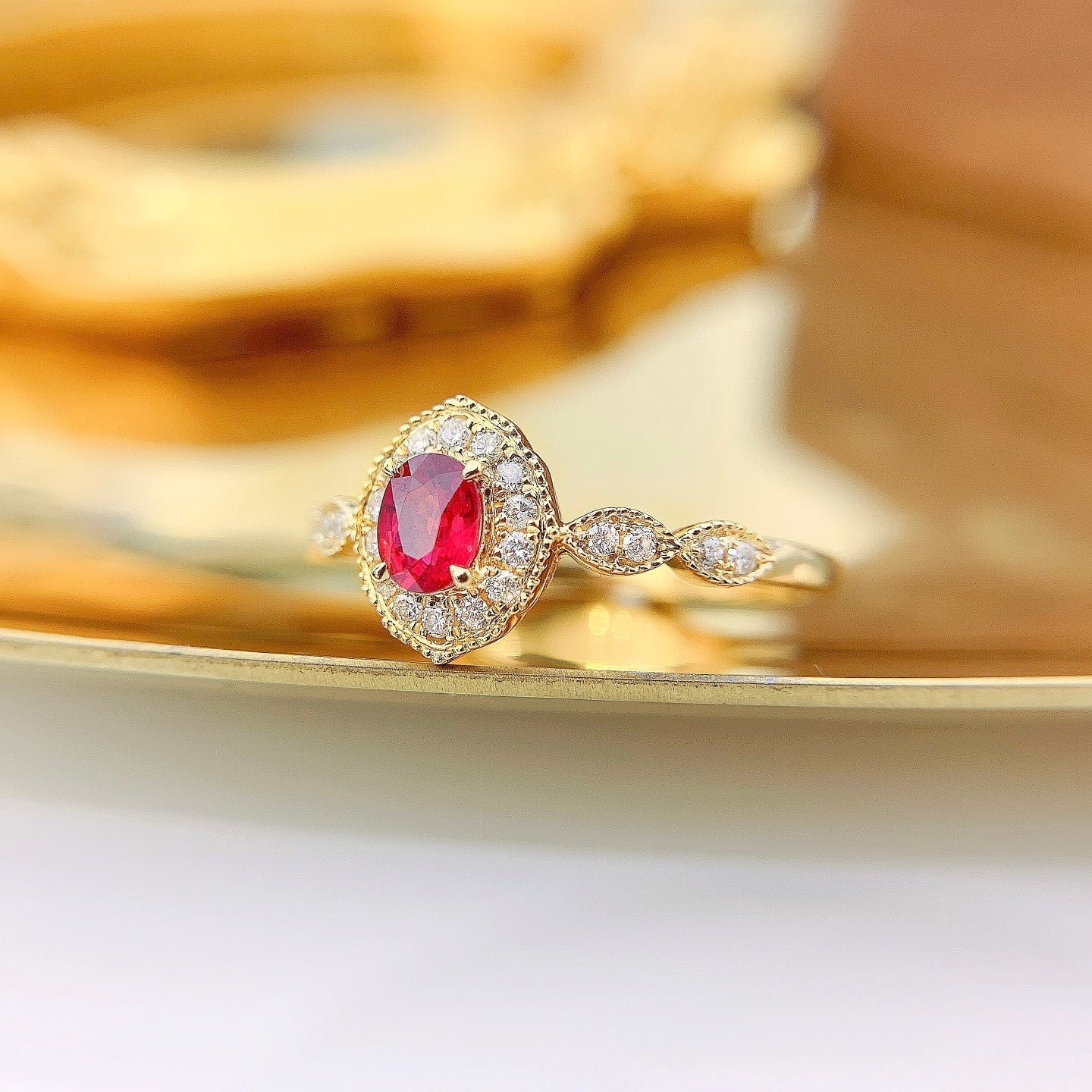 18K Rose Gold Elliptical Vintage Style Ring with Red Gemstone | Jewelry Delight - Red Treasure Ring