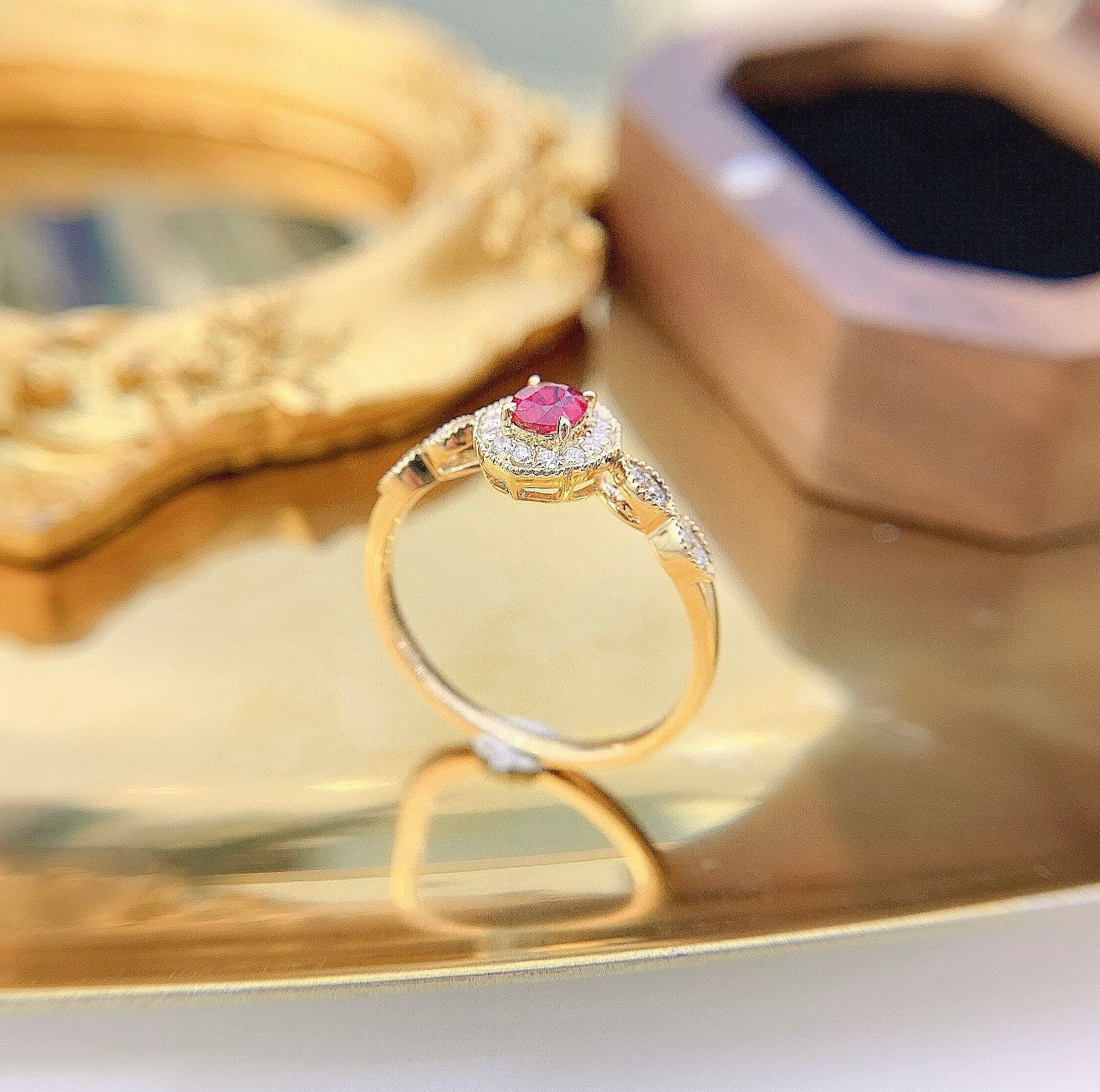 18K Rose Gold Elliptical Vintage Style Ring with Ruby - Jewelry Delight - Red Treasure Ring