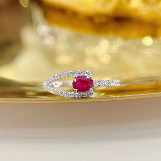 18K Rose Gold Elliptical Y-Shaped Ring with Rubies | Premium Jewelry - Red Treasure Ring