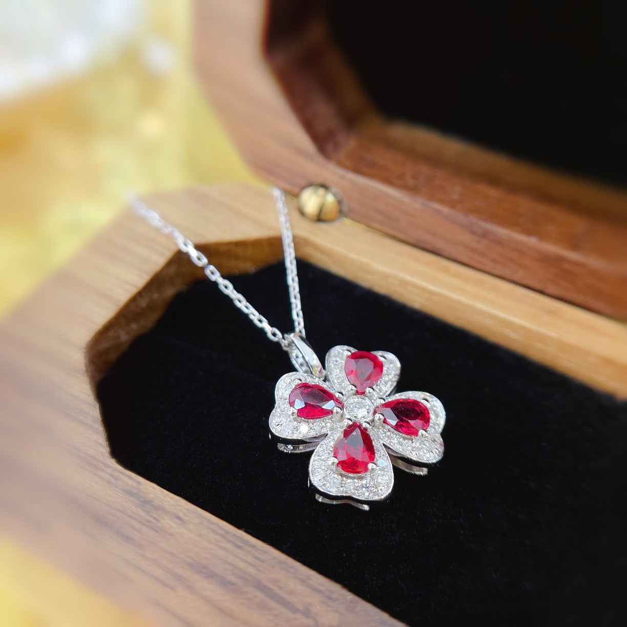 18K Rose Gold Four-Leaf Clover Bubble Necklace with Rubies – Elegant Jewelry Piece - Red Treasure Necklace