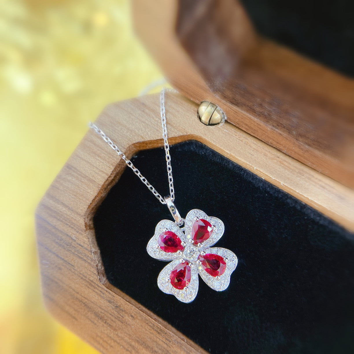 18K Rose Gold Four-Leaf Clover Bubble Necklace with Rubies – Elegant Jewelry Piece - Red Treasure Necklace