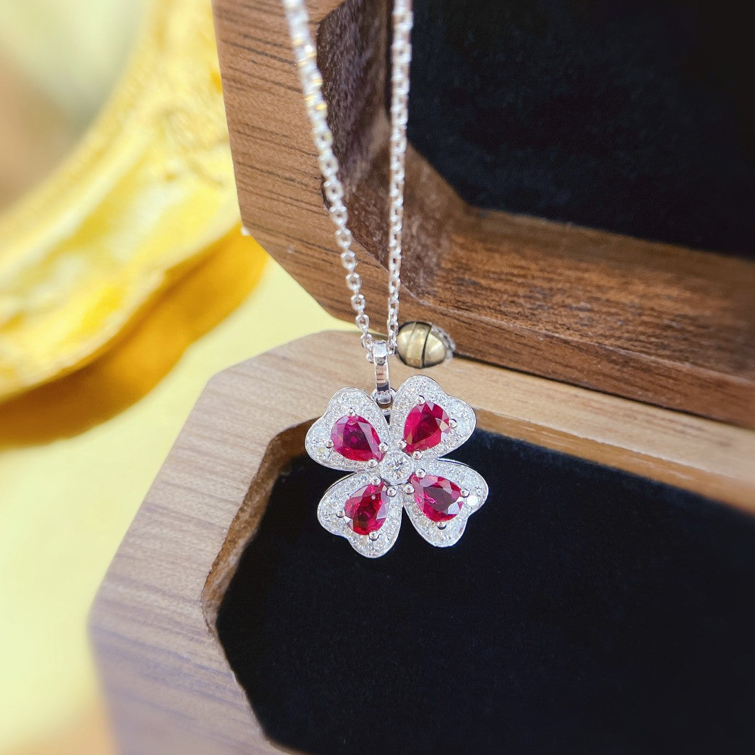 18K Rose Gold Four-Leaf Clover Bubble Necklace with Rubies – Elegant Jewelry Piece - Red Treasure Necklace