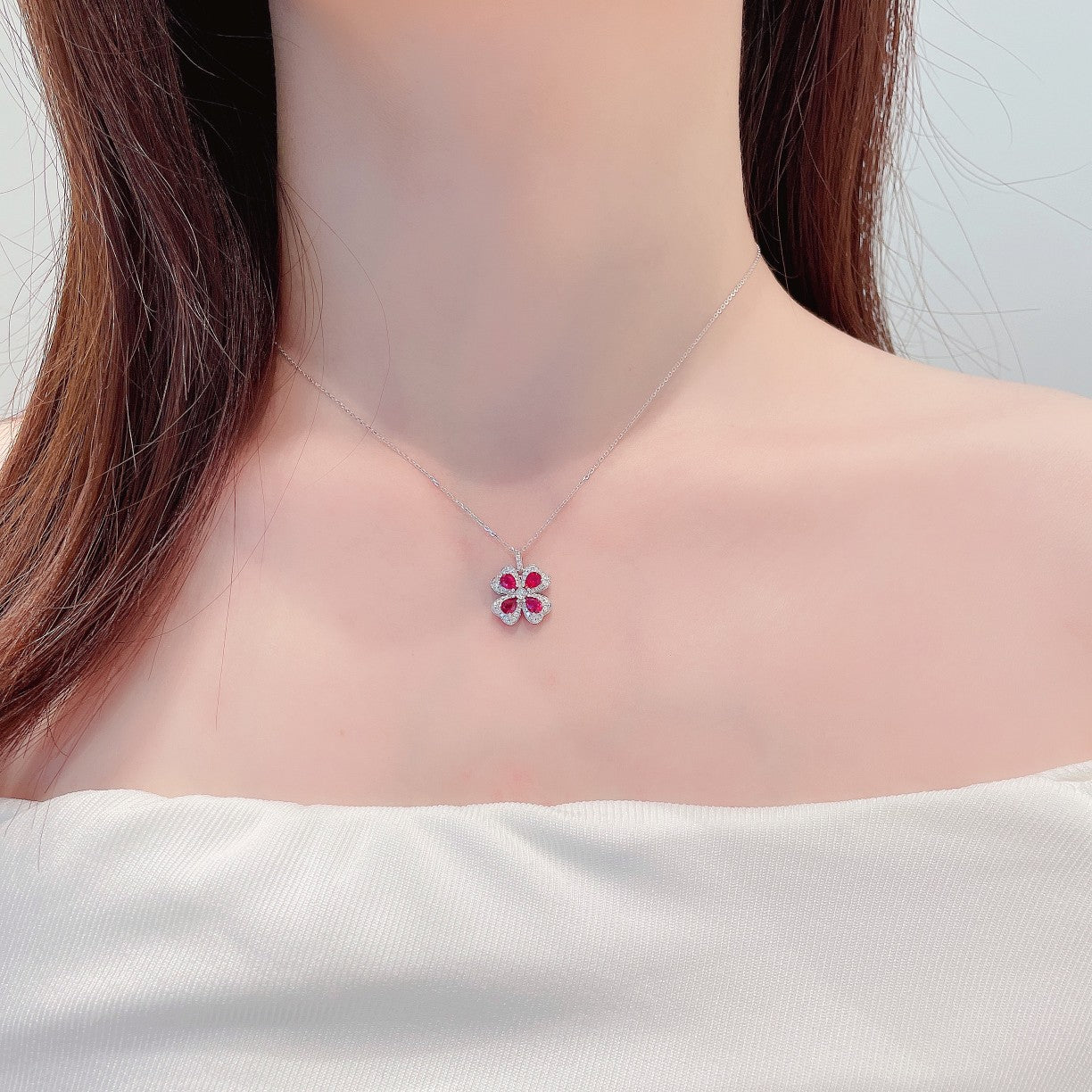 18K Rose Gold Four-Leaf Clover Bubble Necklace with Rubies – Elegant Jewelry Piece - Red Treasure Necklace