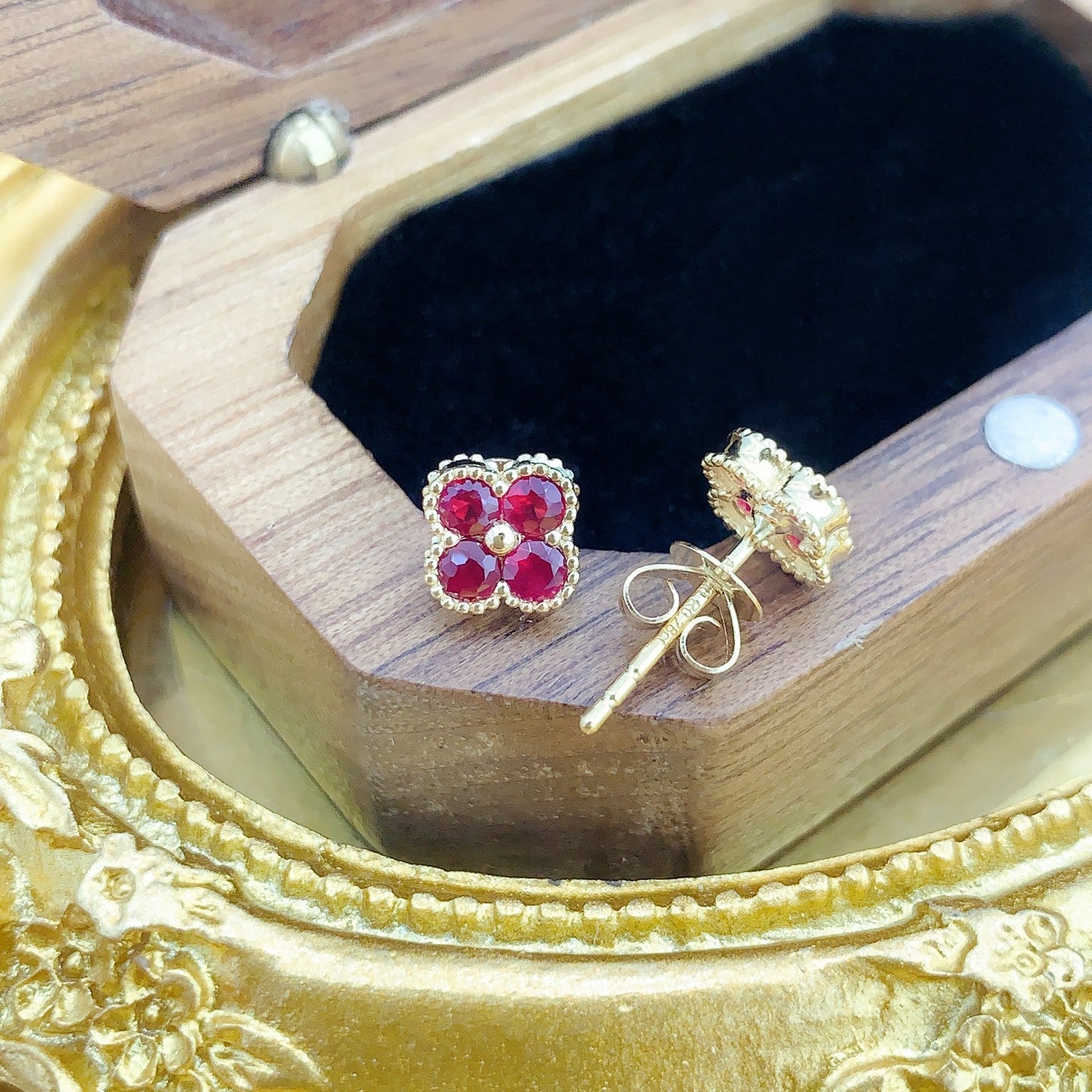 18K Rose Gold Four-Leaf Clover Earrings with Ruby | Premium Jewelry Jeweler.Jewelry