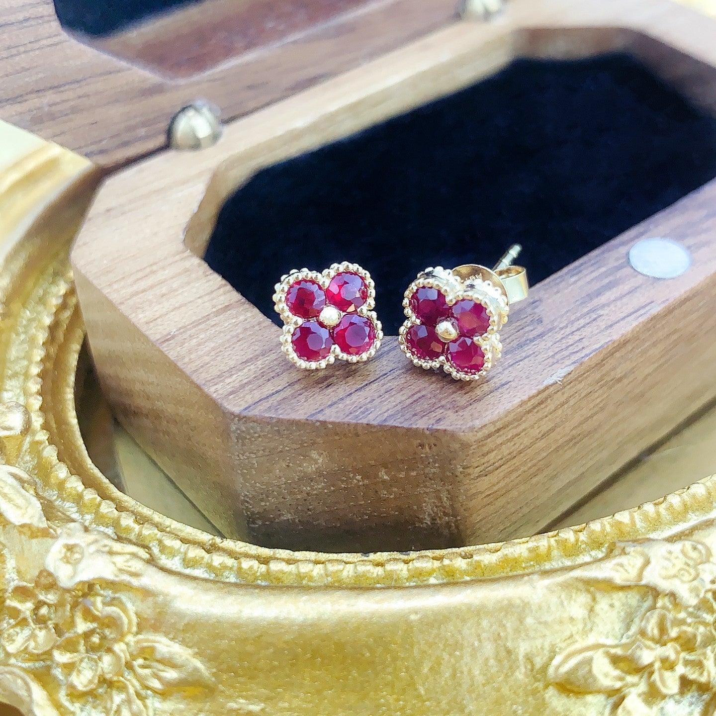 18K Rose Gold Four-Leaf Clover Earrings with Ruby | Premium Jewelry Jeweler.Jewelry