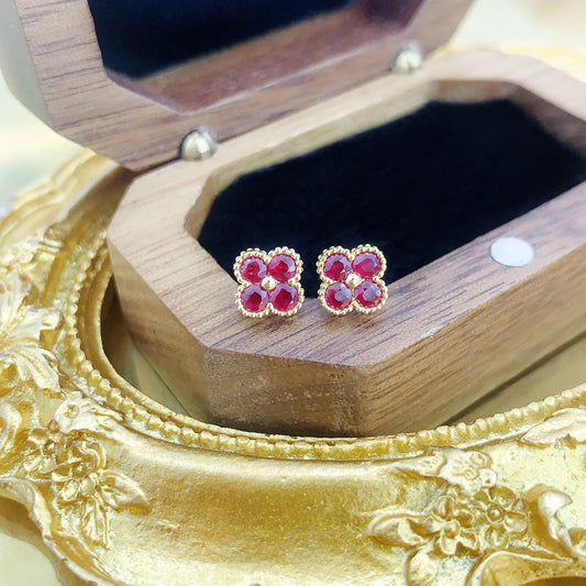 18K Rose Gold Four-Leaf Clover Earrings with Ruby | Premium Jewelry Jeweler.Jewelry