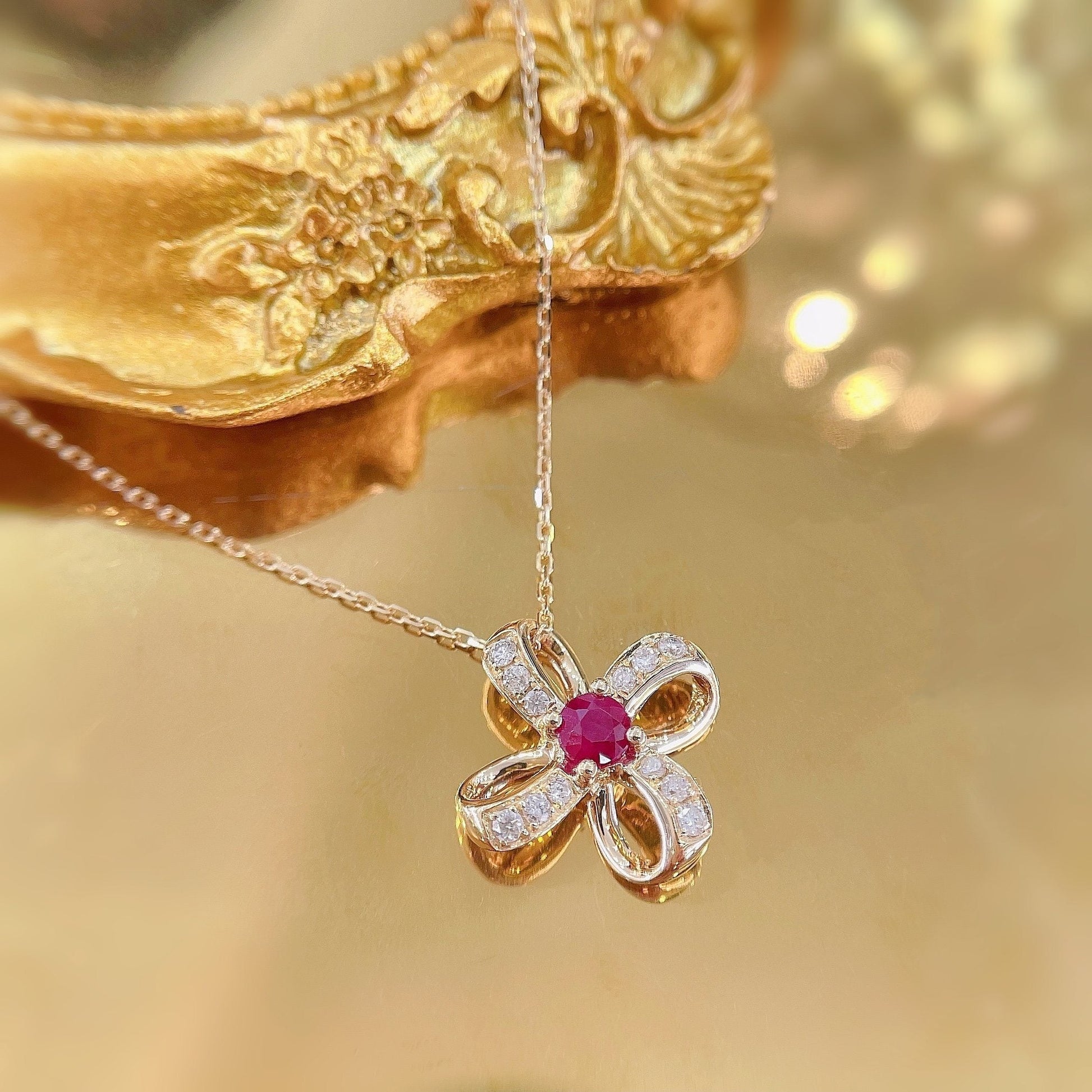 18K Rose Gold Four-Leaf Clover Hollow-Out Necklace with Precious Stones - Red Treasure Necklace