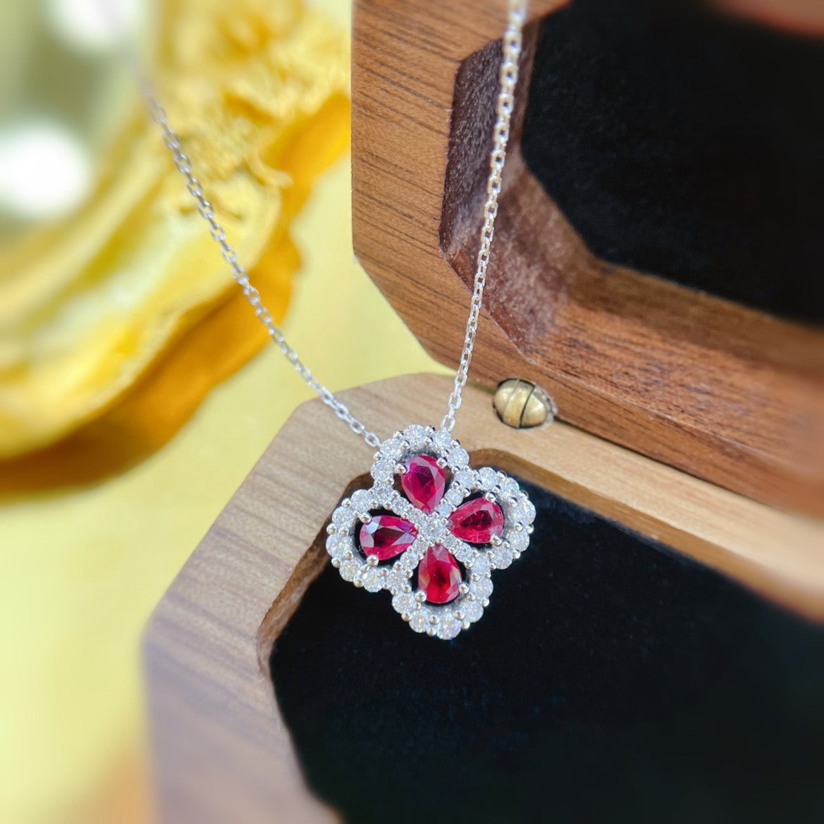 18K Rose Gold Four-Leaf Clover Pendant with Ruby and Diamond - Luxury Jewelry - Red Treasure Necklace