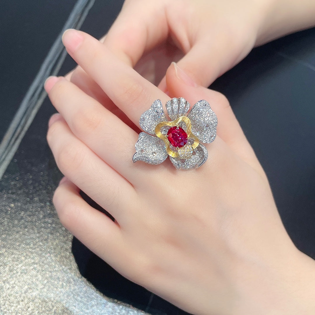 18K Rose Gold Four-Petal Flower Color-Separated Brushed Two-Way Wear Jewelry - Red Treasure Ring