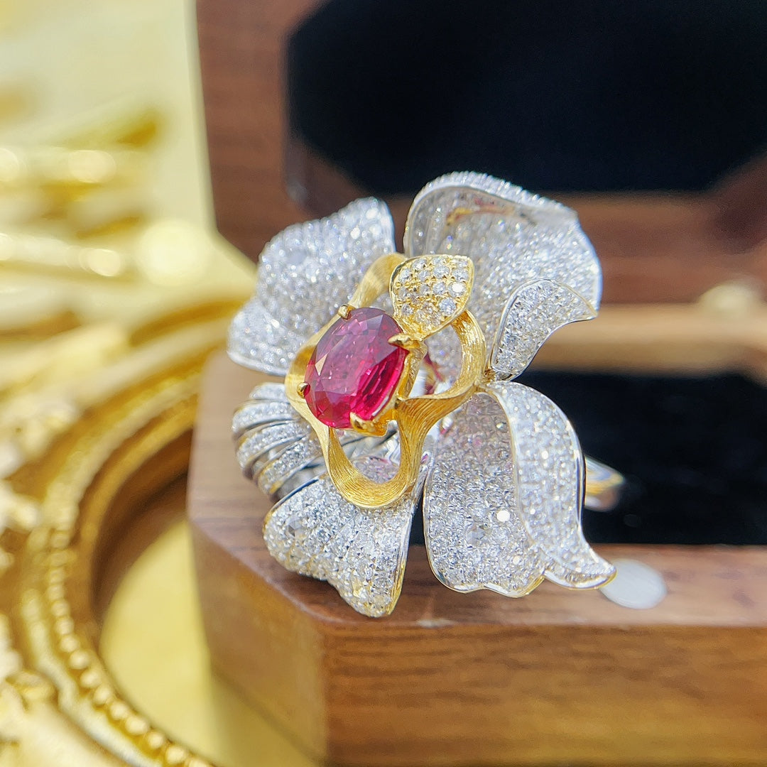 18K Rose Gold Four-Petal Flower Color-Separated Brushed Two-Way Wear Jewelry - Red Treasure Ring