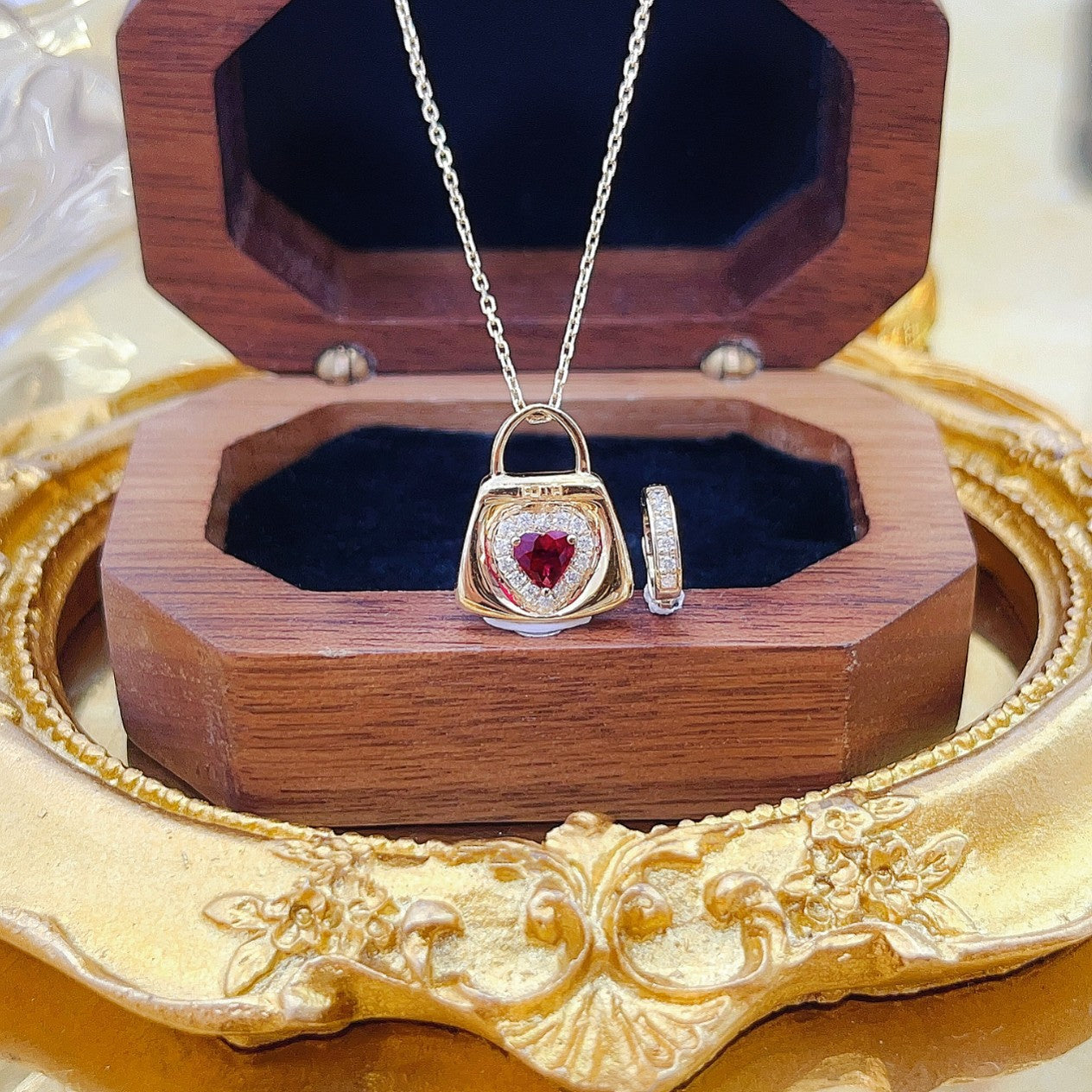 18K Rose Gold Heart-Shaped Bag Pendant Necklace with Rubies - Red Treasure Necklace