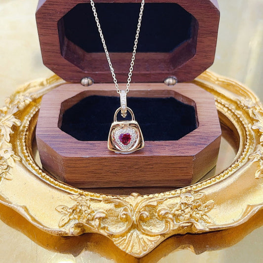 18K Rose Gold Heart-Shaped Bag Pendant Necklace with Rubies - Red Treasure Necklace