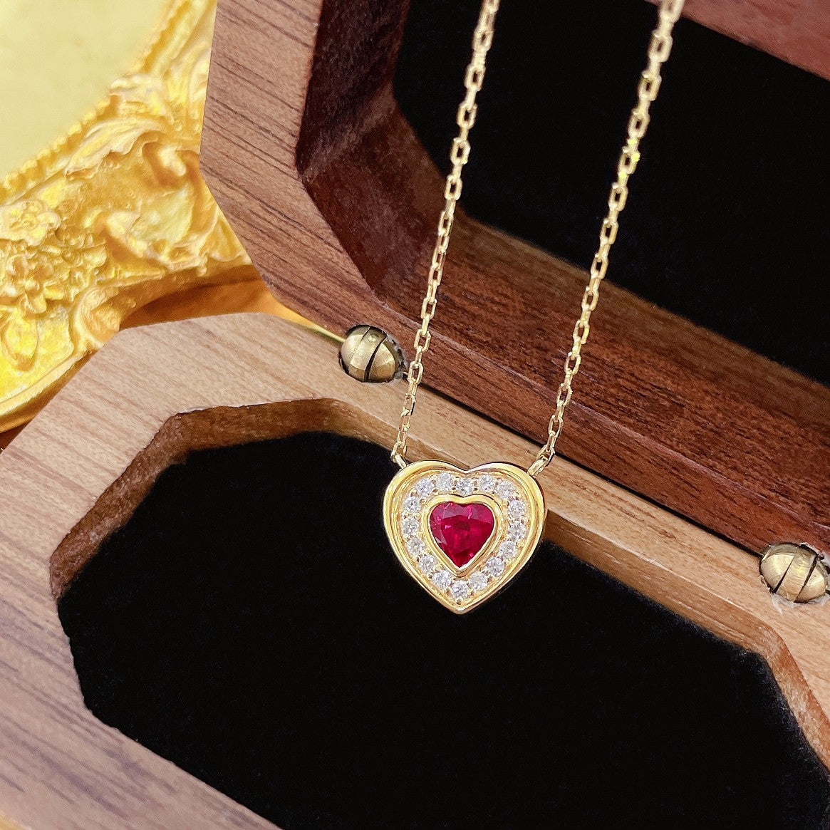 18K Rose Gold Heart-Shaped Diamond Pendant Necklace with Halo Setting - Red Treasure Necklace