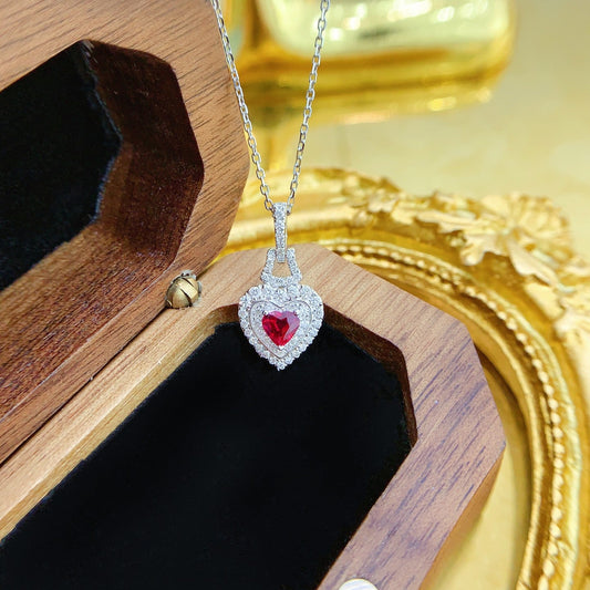 18K Rose Gold Heart-Shaped Double Halo Full Diamond Necklace - Red Treasure Necklace