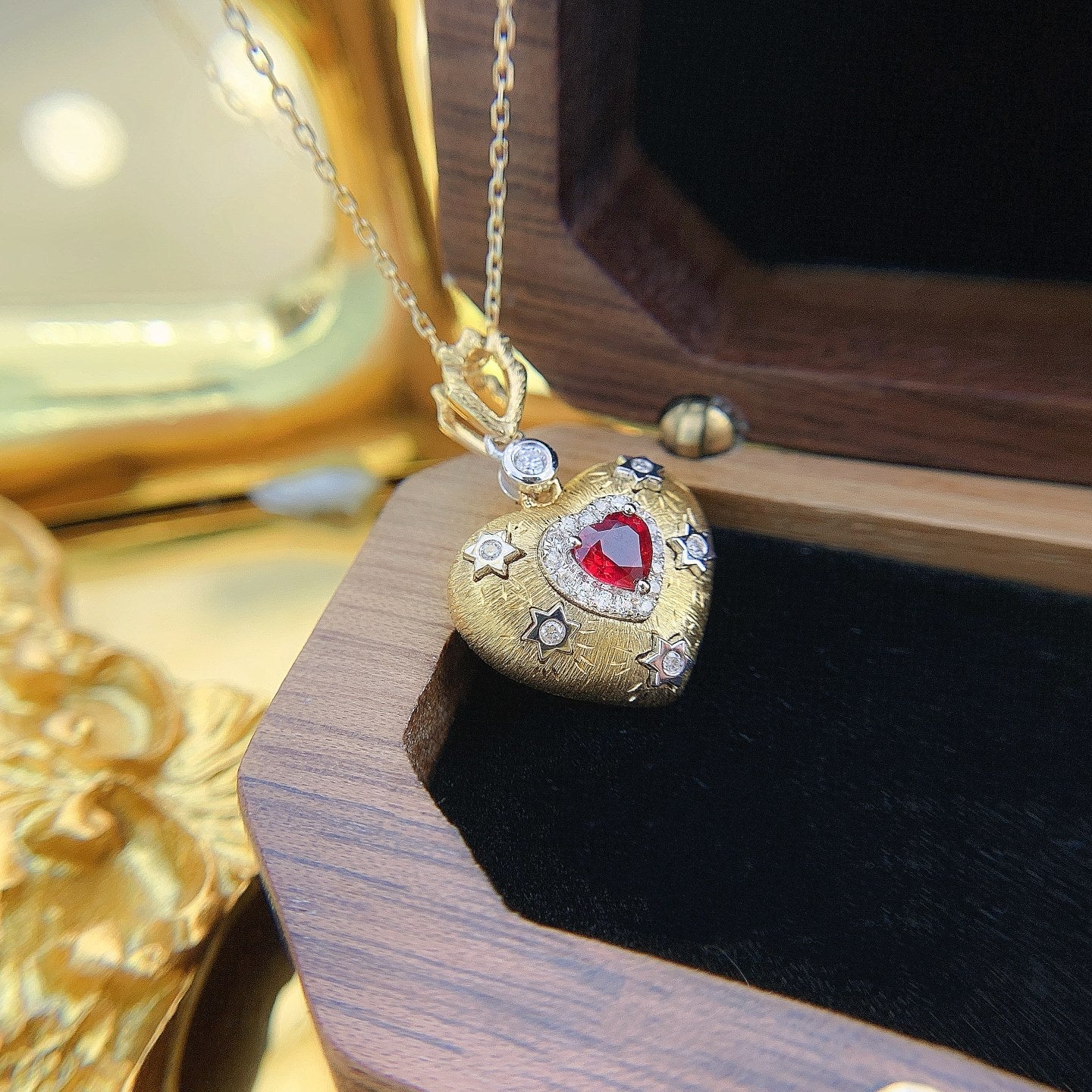 18K Rose Gold Heart-Shaped Hexagon Star Necklace - Exquisite Jewelry - Red Treasure Necklace