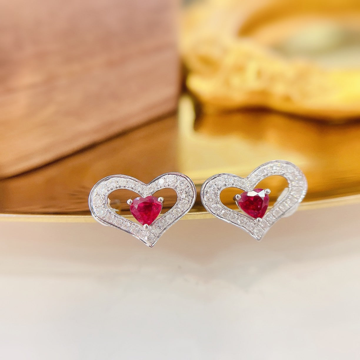 18K Rose Gold Heart-Shaped Hollow Earrings with Precious Gems Jeweler.Jewelry