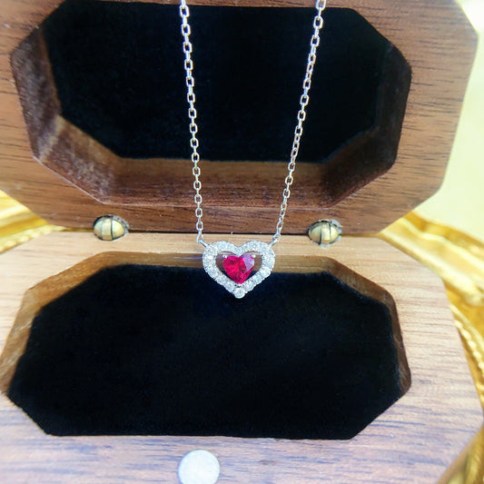 18K Rose Gold Heart-shaped Hollow Outlay Necklace with Stones - Red Treasure Necklace