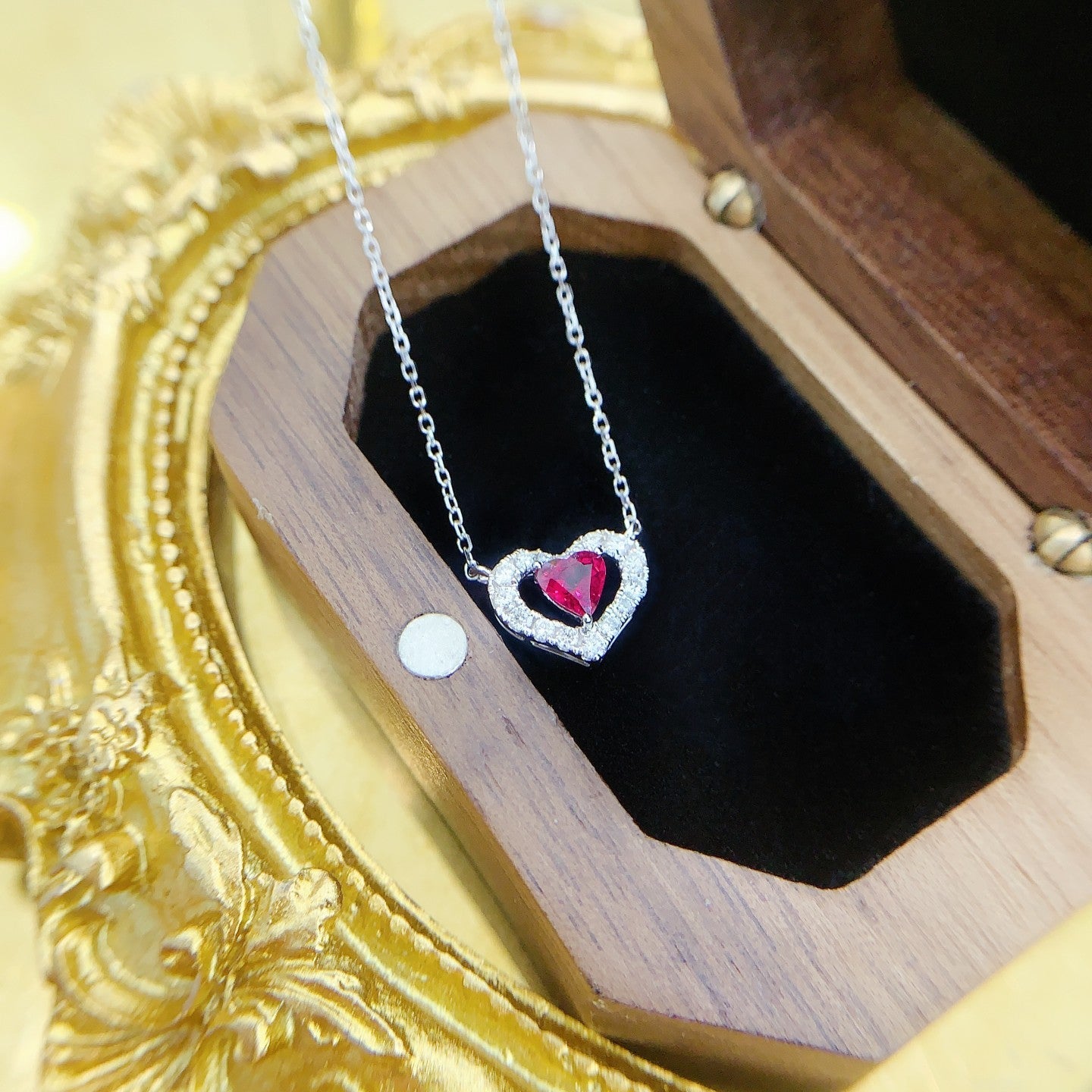 18K Rose Gold Heart-shaped Hollow Outlay Necklace with Stones - Red Treasure Necklace