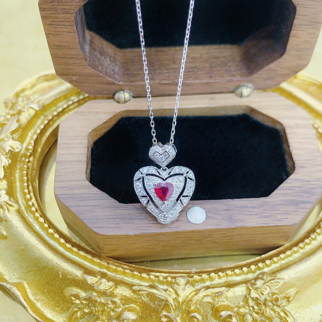 18K Rose Gold Heart-shaped Hollow Pendant Necklace with Diamond Accent - Red Treasure Necklace