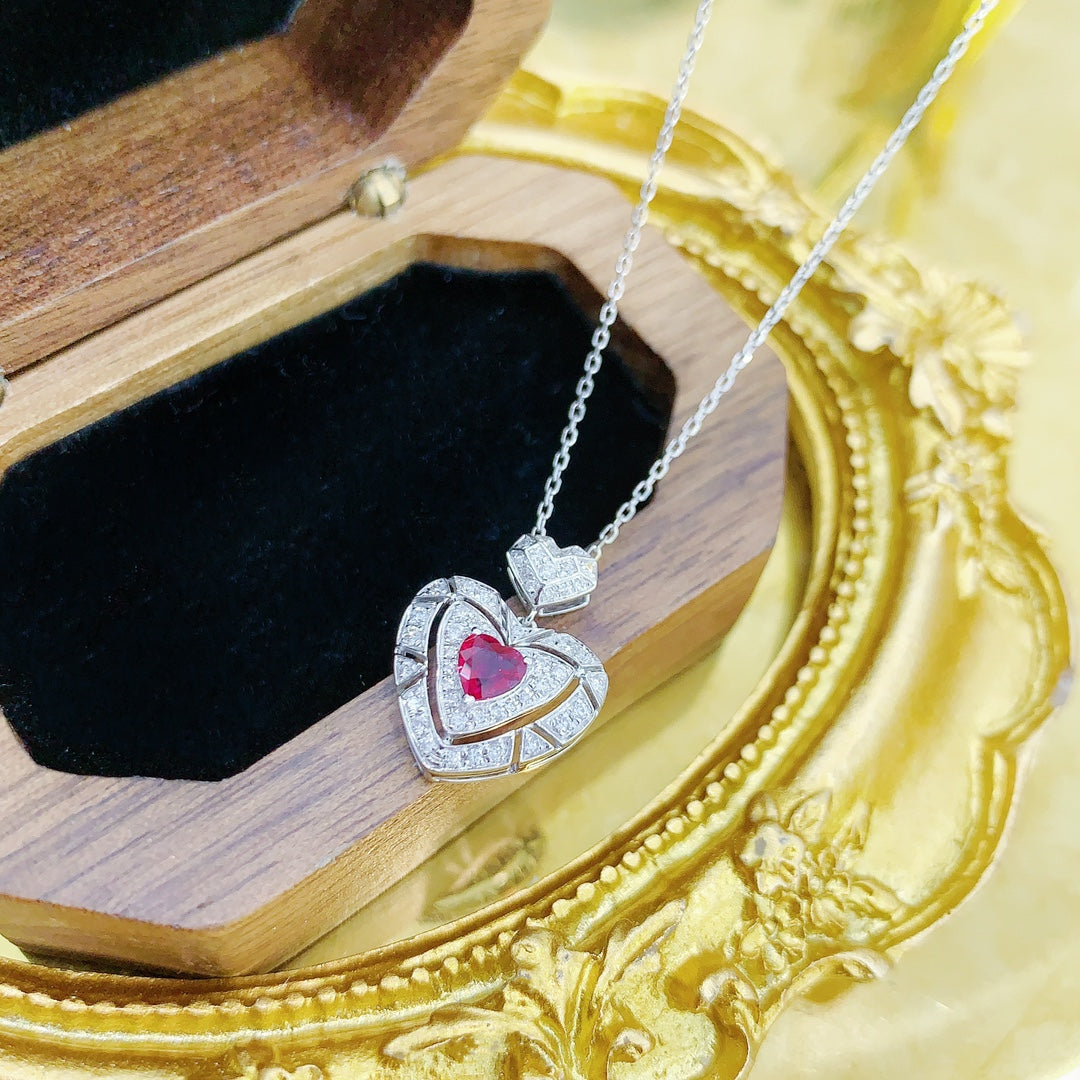 18K Rose Gold Heart-shaped Hollow Pendant Necklace with Diamond Accent - Red Treasure Necklace