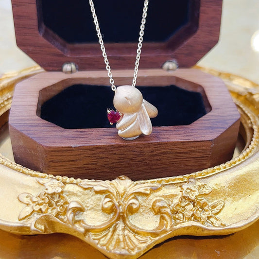 18K Rose Gold Heart-Shaped Rabbit Pendant Necklace with Ruby and Lace Design - Red Treasure Necklace