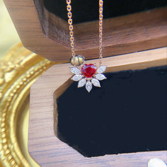 18K Rose Gold Heart-Shaped Semi-Circle Necklace with Gemstones - Red Treasure Necklace