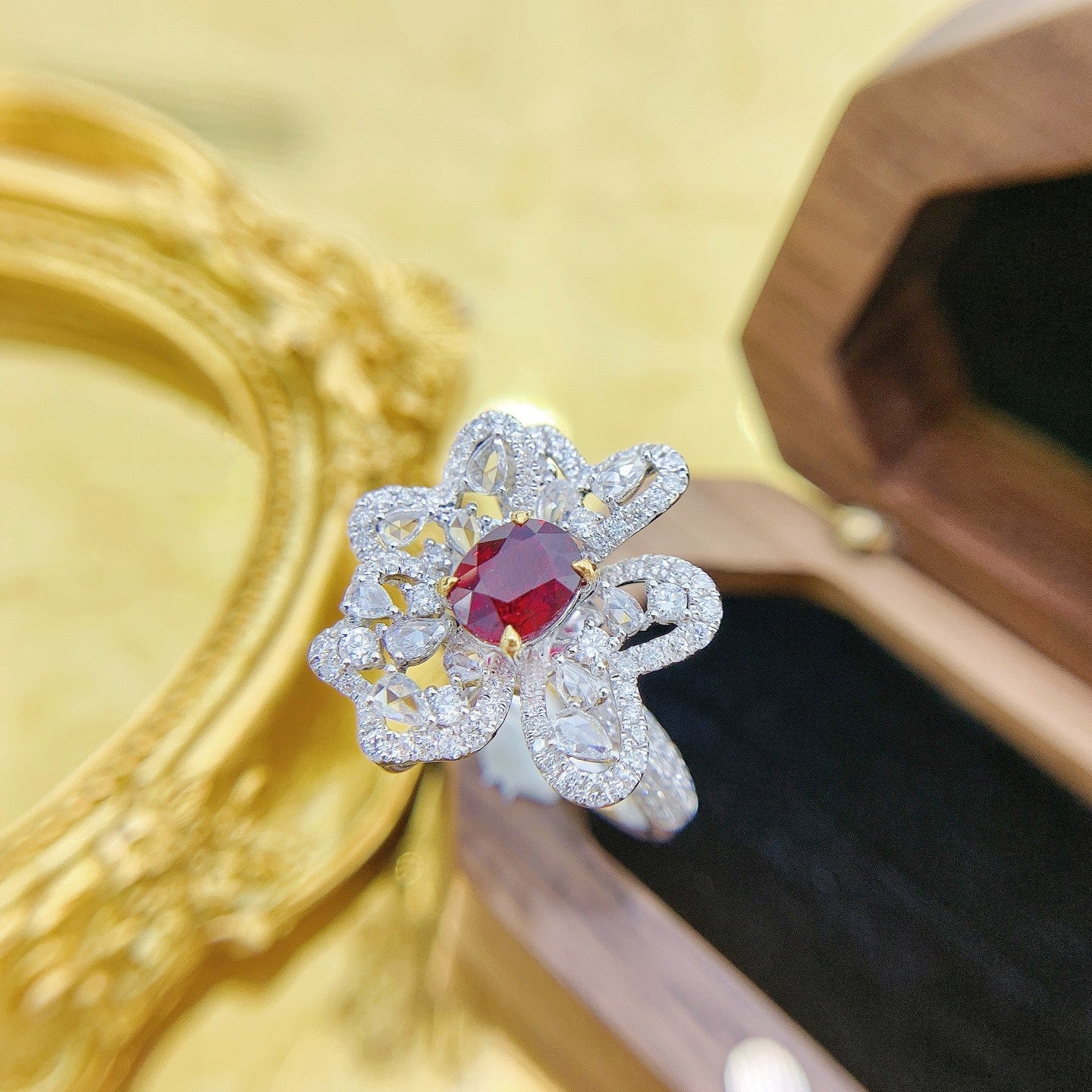 18K Rose Gold Irregular Petal Ruby Ring with AIGS Certificate - Red Treasure Ring