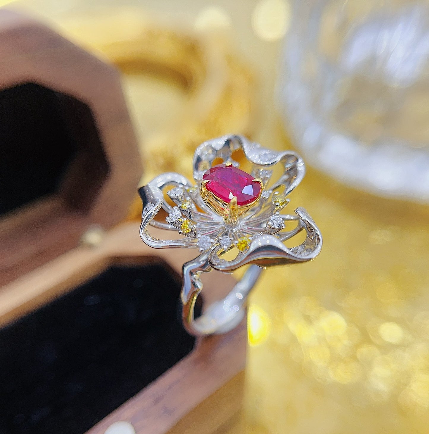 18K Rose Gold Openwork Petal Ring with Ruby | Premium Jewelry - Red Treasure Ring