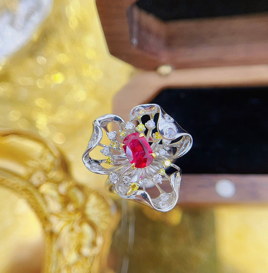 18K Rose Gold Openwork Petal Ring with Ruby | Premium Jewelry - Red Treasure Ring