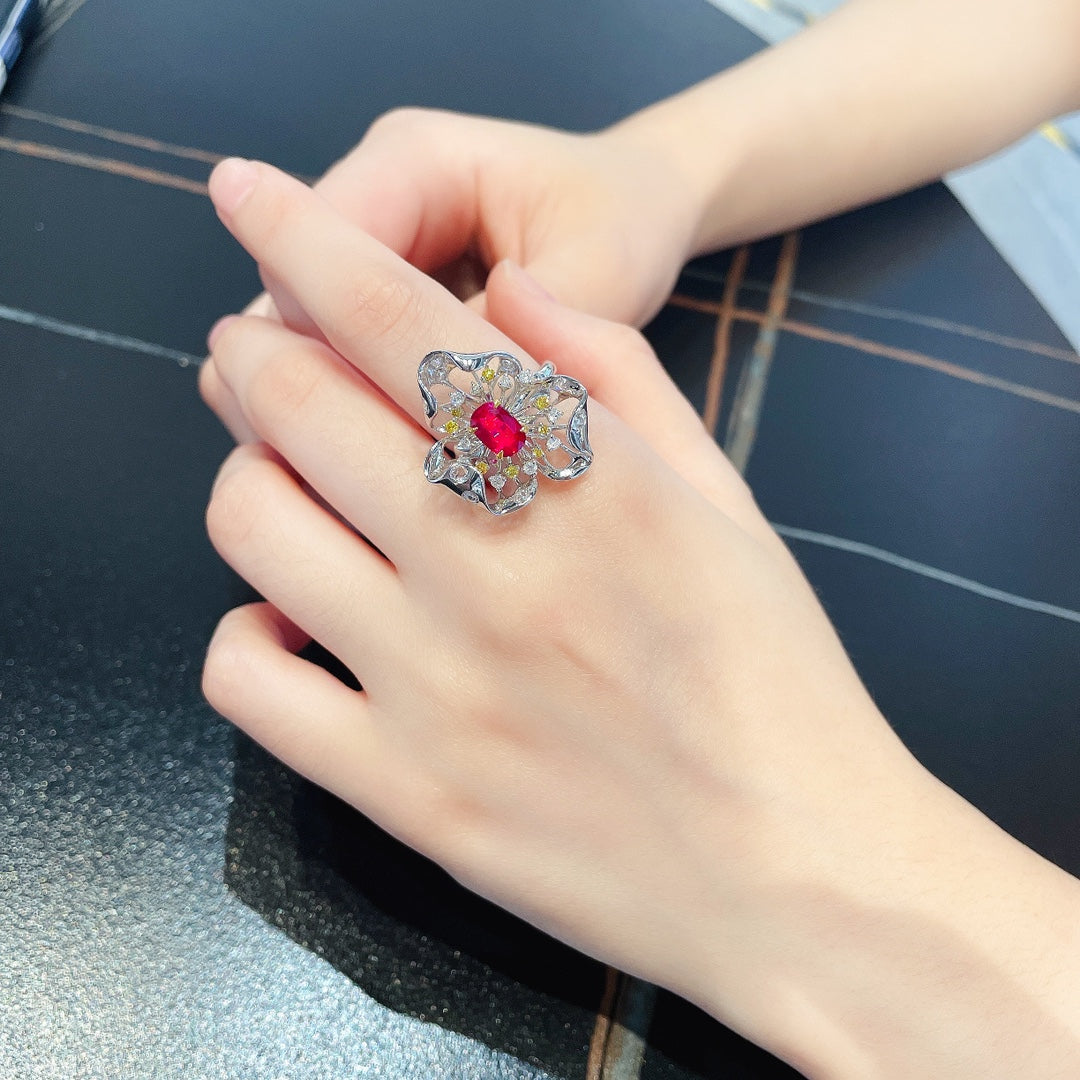 18K Rose Gold Openwork Petal Ring with Ruby | Premium Jewelry - Red Treasure Ring