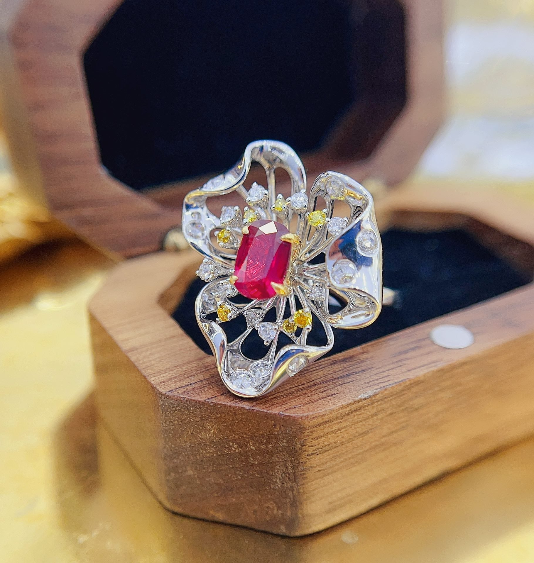 18K Rose Gold Openwork Petal Ring with Ruby | Premium Jewelry - Red Treasure Ring