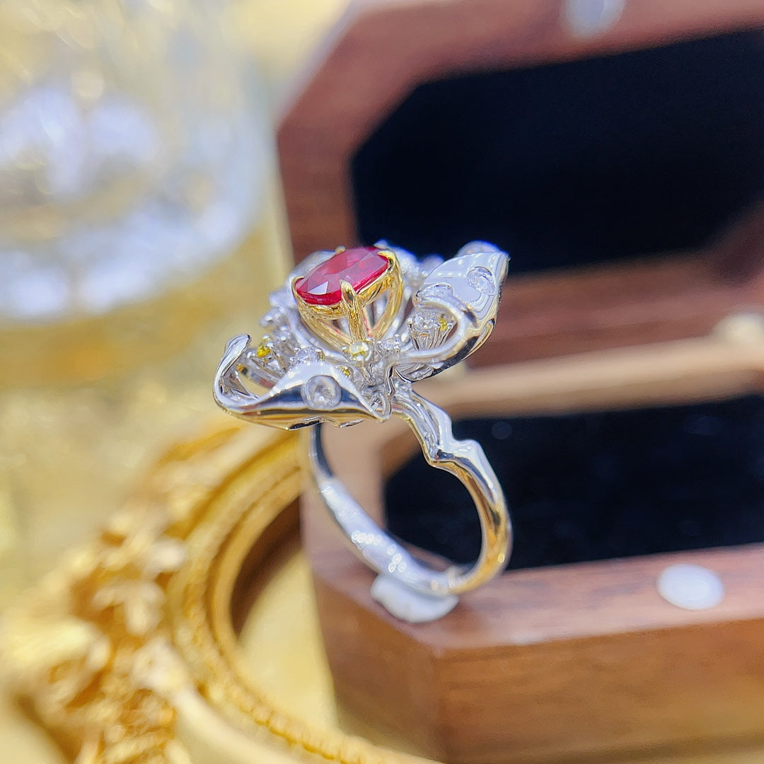 18K Rose Gold Openwork Petal Ring with Ruby | Premium Jewelry - Red Treasure Ring