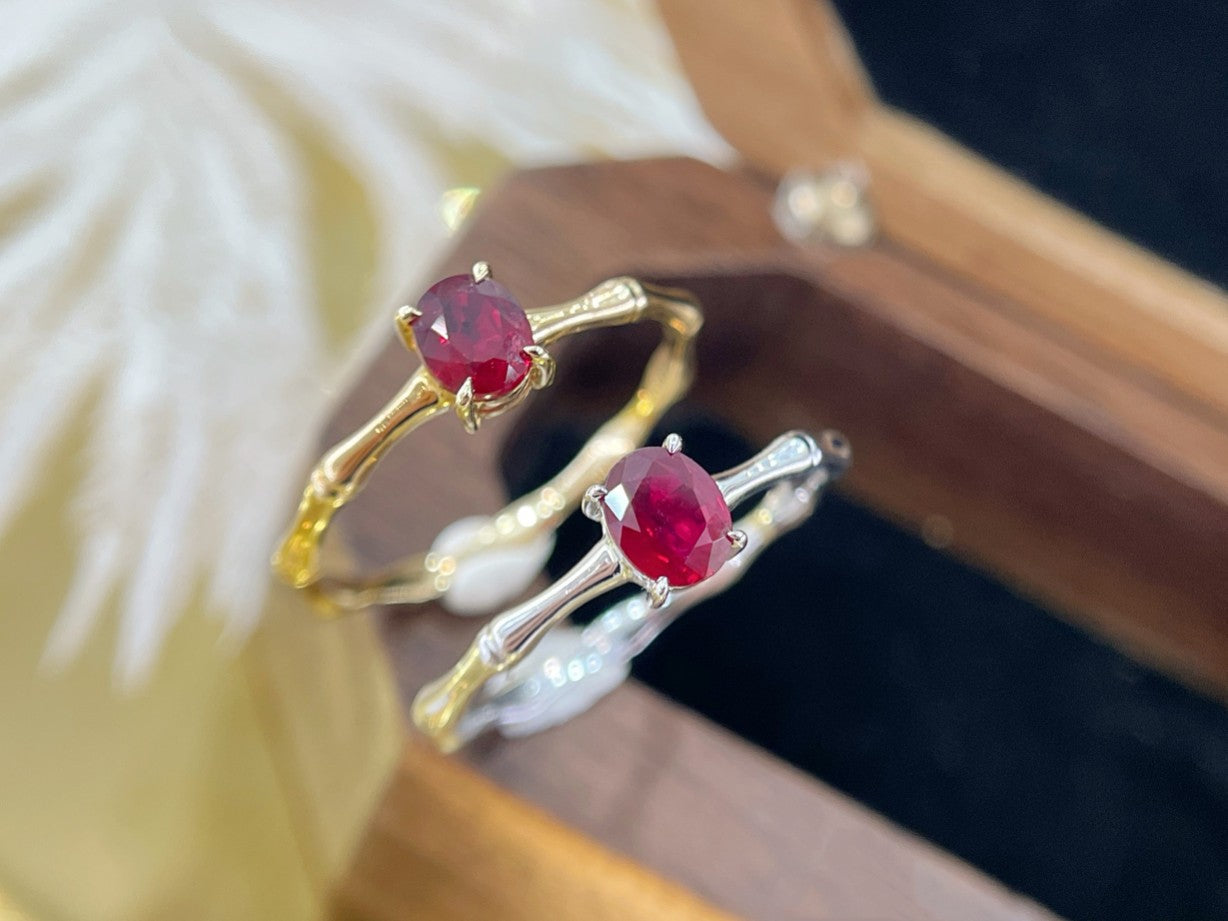 18K Rose Gold Oval Bamboo-shaped Ring with Ruby | Premium Jewelry - Red Treasure Ring