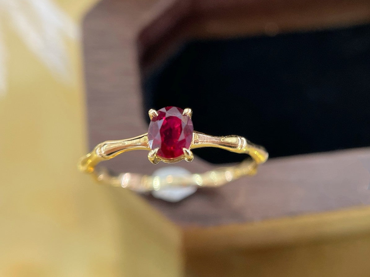 18K Rose Gold Oval Bamboo-shaped Ring with Ruby | Premium Jewelry - Red Treasure Ring