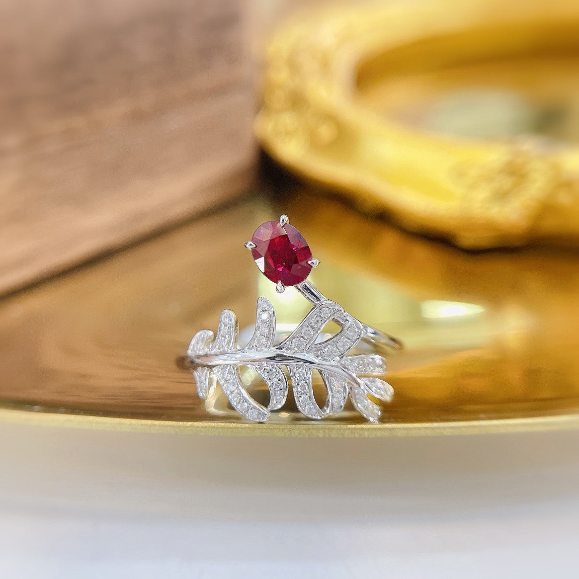 18K Rose Gold Oval Banana Leaf Ring with Ruby Centerpiece - Fine Jewelry - Red Treasure Ring