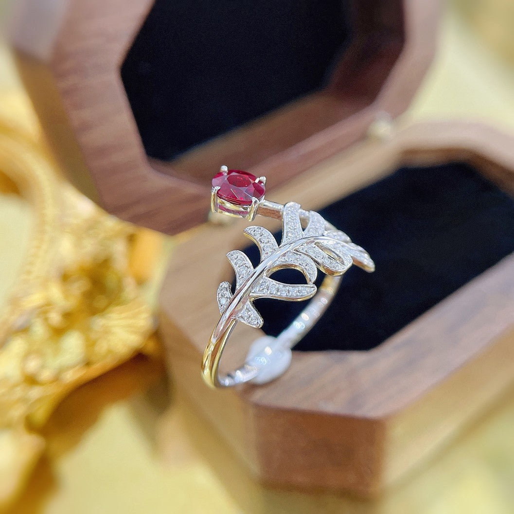 18K Rose Gold Oval Banana Leaf Ring with Ruby Centerpiece - Fine Jewelry - Red Treasure Ring