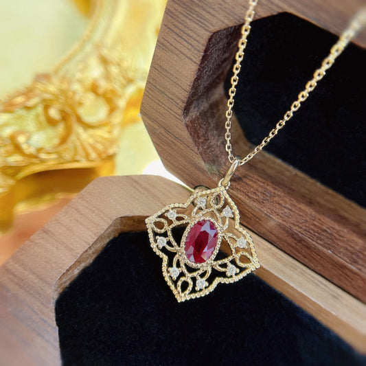 18K Rose Gold Oval Diamond Lace Necklace - Elegant Jewelry Piece - Red Treasure Necklace