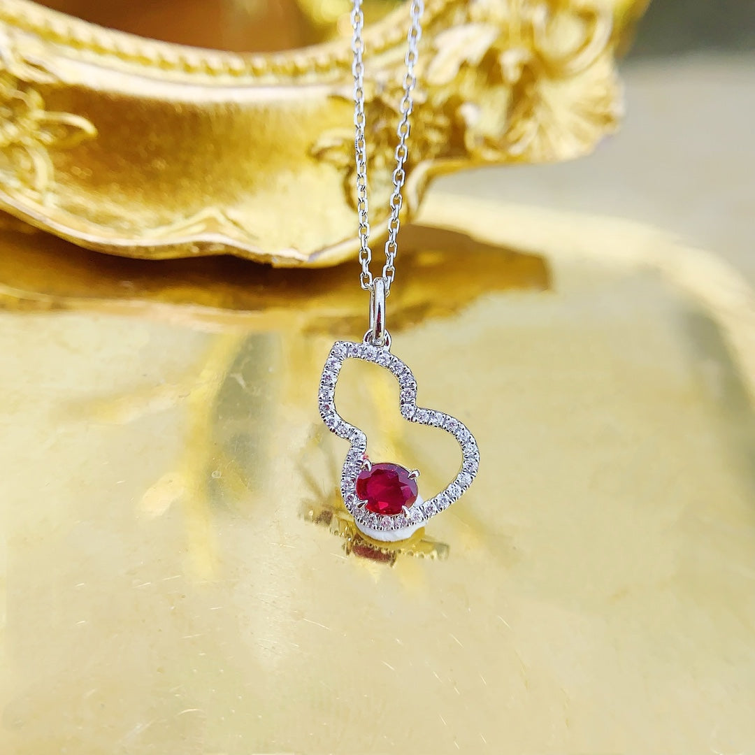 18K Rose Gold Oval Gourd Jewelry with Ruby - XL054-C - Red Treasure Necklace