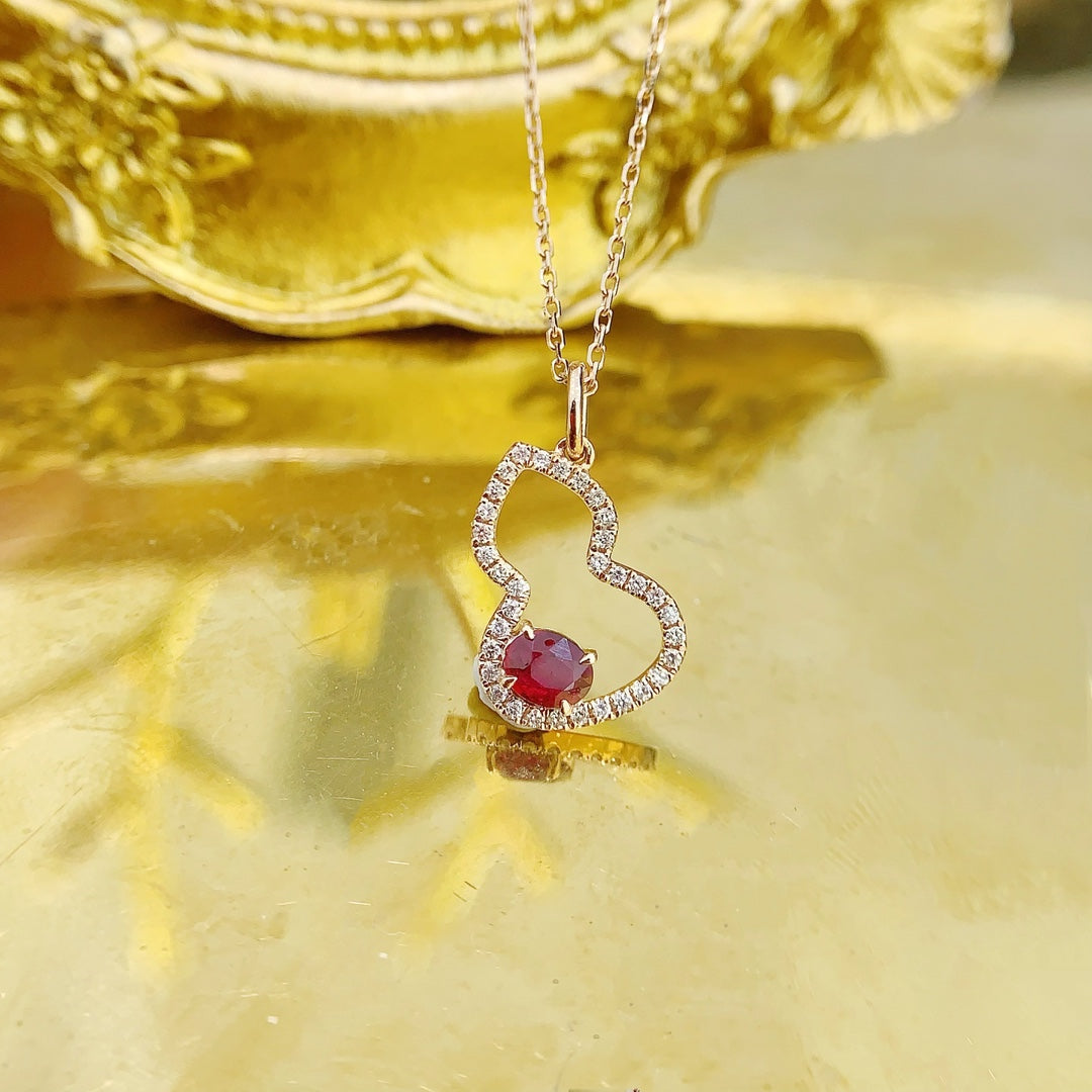 18K Rose Gold Oval Gourd Jewelry with Ruby - XL054-C - Red Treasure Necklace