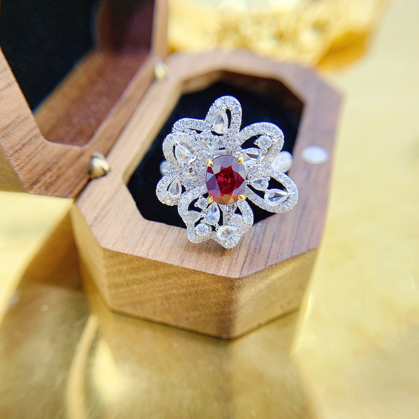 18K Rose Gold Oval Irregular Petal Ring with Pigeon’s Blood Ruby - Exquisite Jewelry - Red Treasure Ring