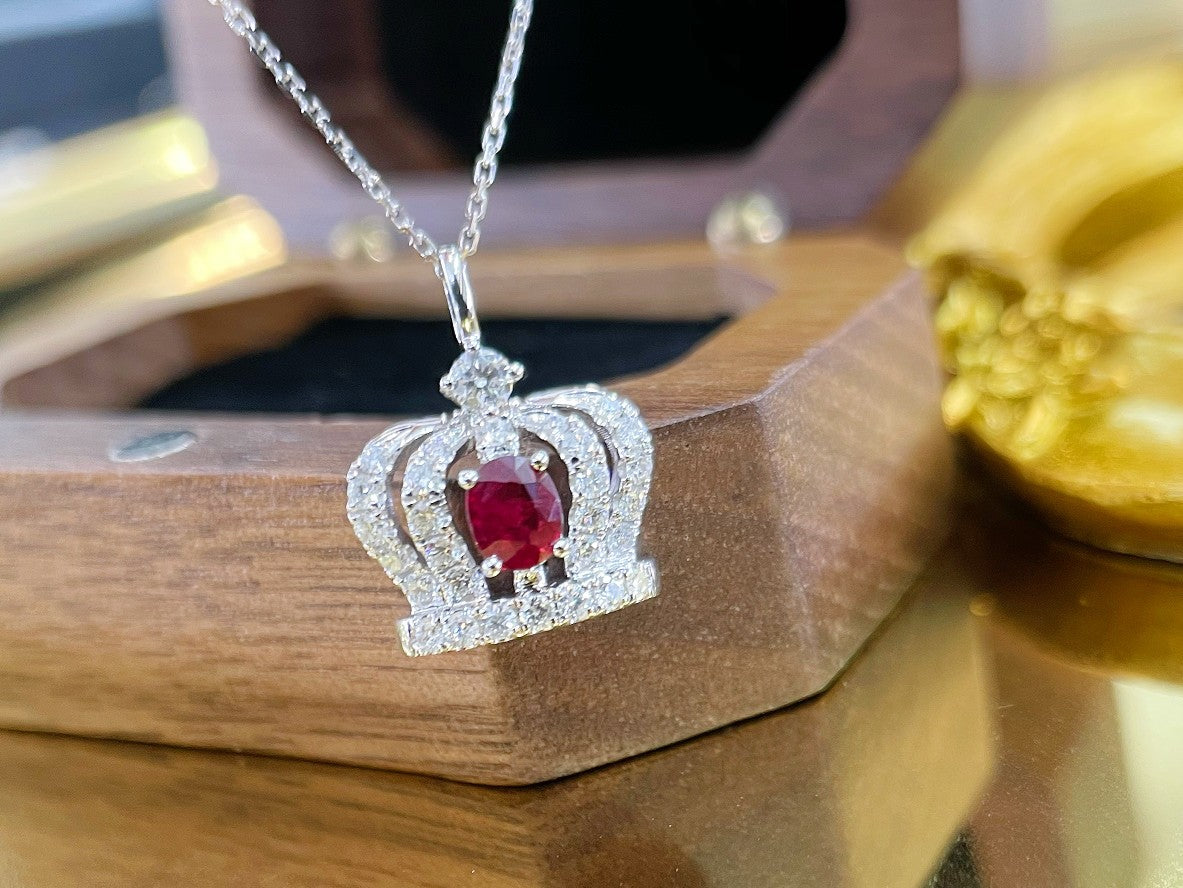 18K Rose Gold Oval Ruby Crown Necklace - Luxurious Jewelry Piece - Red Treasure Necklace